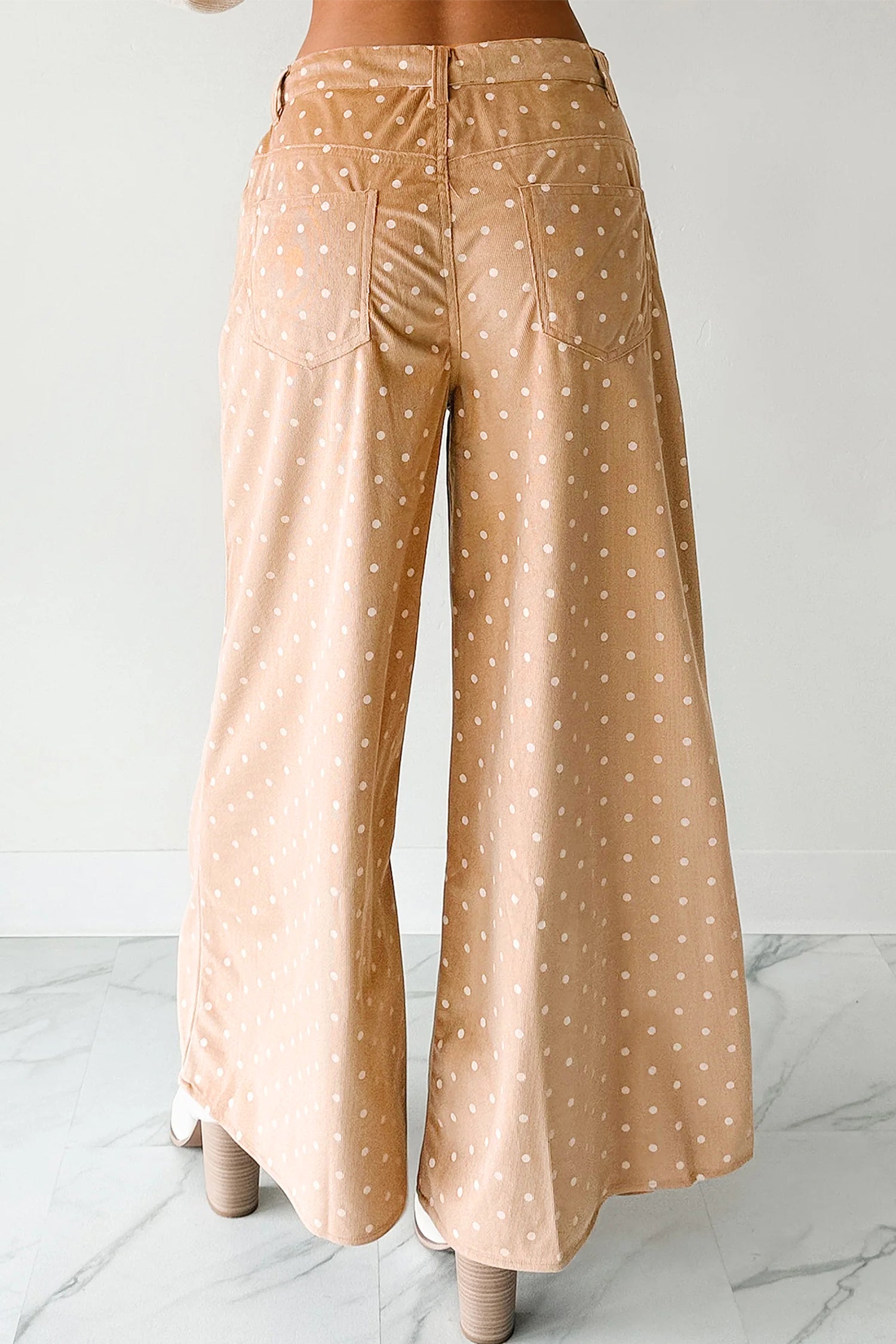 Khaki Polka Dot Print Drawstring Wide Leg Pants