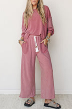 Raw seam patchwork long sleeve top and casual pants two-piece set by Dear-Lover, featuring patchwork details and comfortable fit.