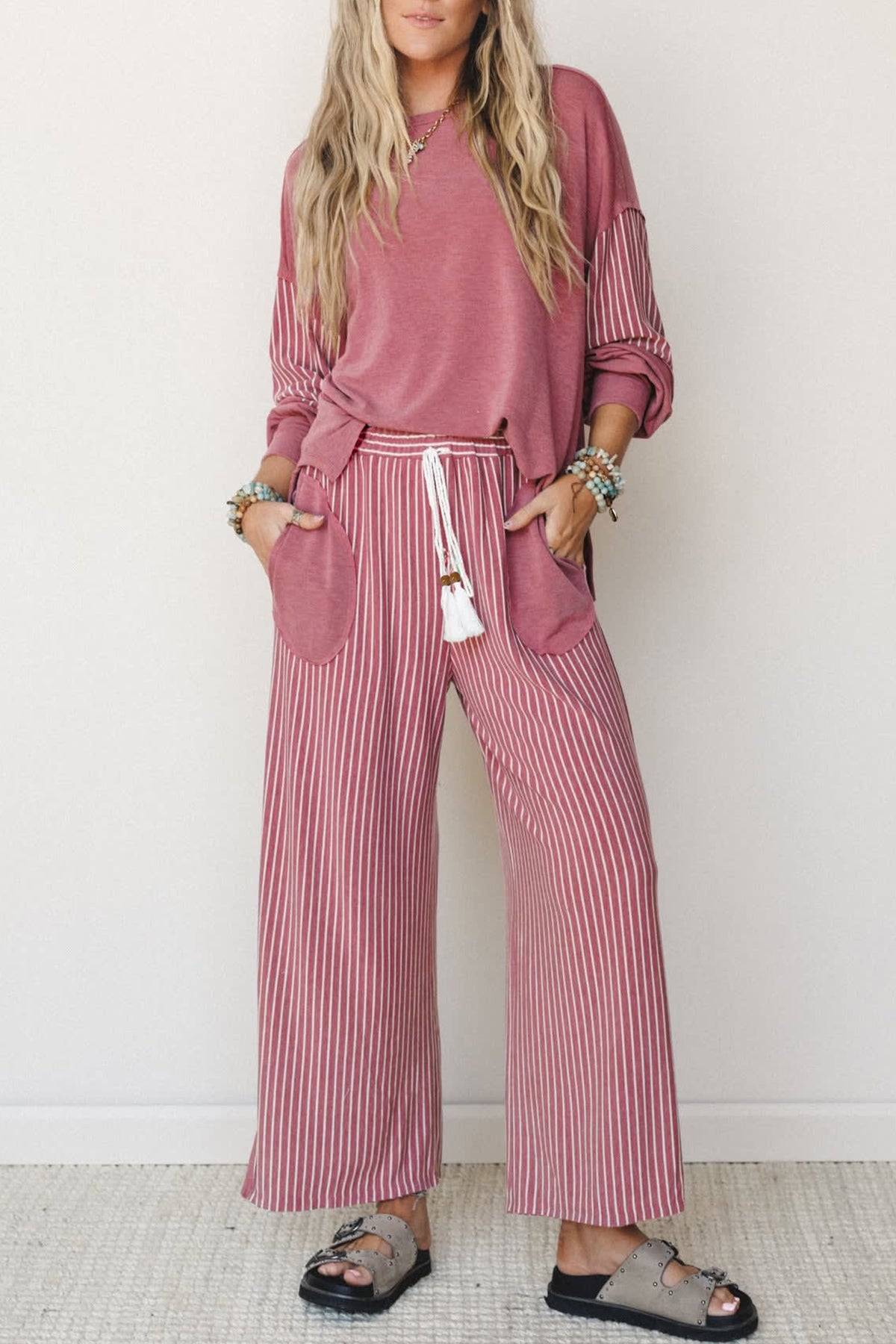 Raw seam patchwork long sleeve top and casual pants two-piece set by Dear-Lover, featuring patchwork details and comfortable fit.