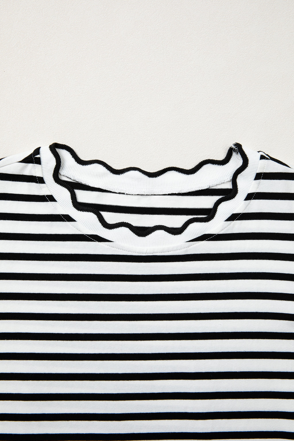 Black Stripe Scalloped Trim Round Neck T Shirt