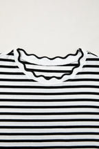 Black Stripe Scalloped Trim Round Neck T Shirt