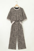 Khaki Jacquard Leopard Half Sleeve Jumper Wide Leg Pant Set