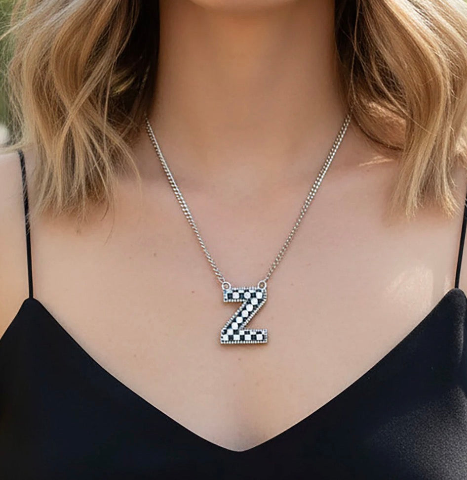 Checkered Initial Necklace - Black and White