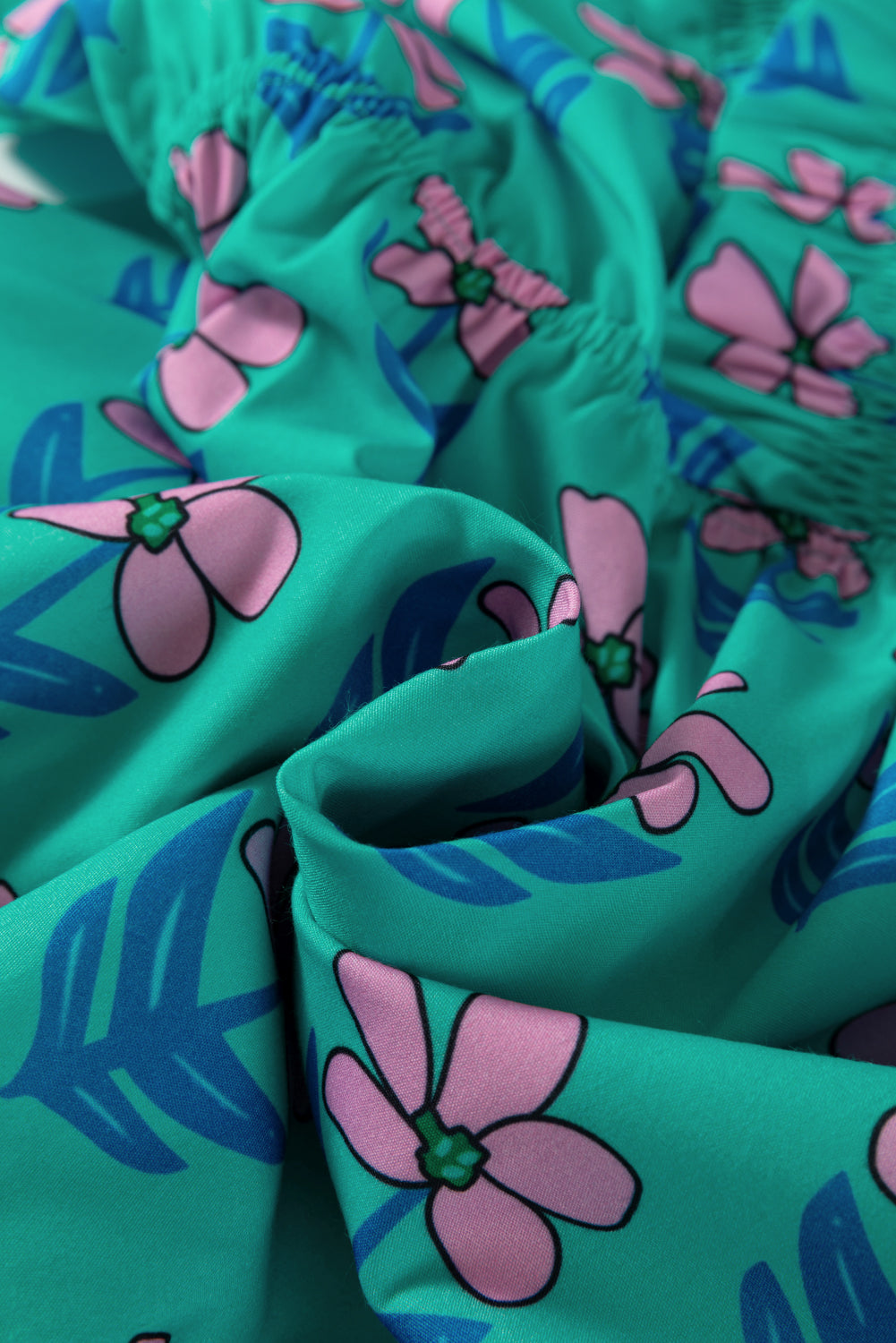 Green Floral Print Frilly Smocked Detail High Waist Mini Dress