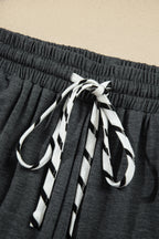 Gray Stripe V Neck Ruffle Contrast Sleeve Top Drawstring Pants 2pcs Set