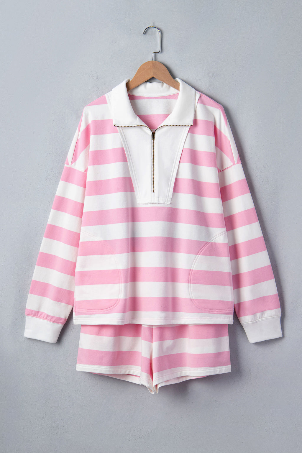 Pink Stripe Patchwork Zipper Pullover Elastic Waist Shorts 2pcs Set