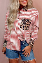 Black Striped Leopard Print Patchwork Button Up Womens Shirt