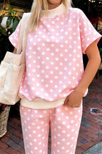 Pink Polka Dot Print Mock Neck Short Sleeve Top Shift Pant Set