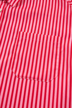 Red Stripe Button-Up Shirt Long Sleeve Patch Pocket Casual Shirt