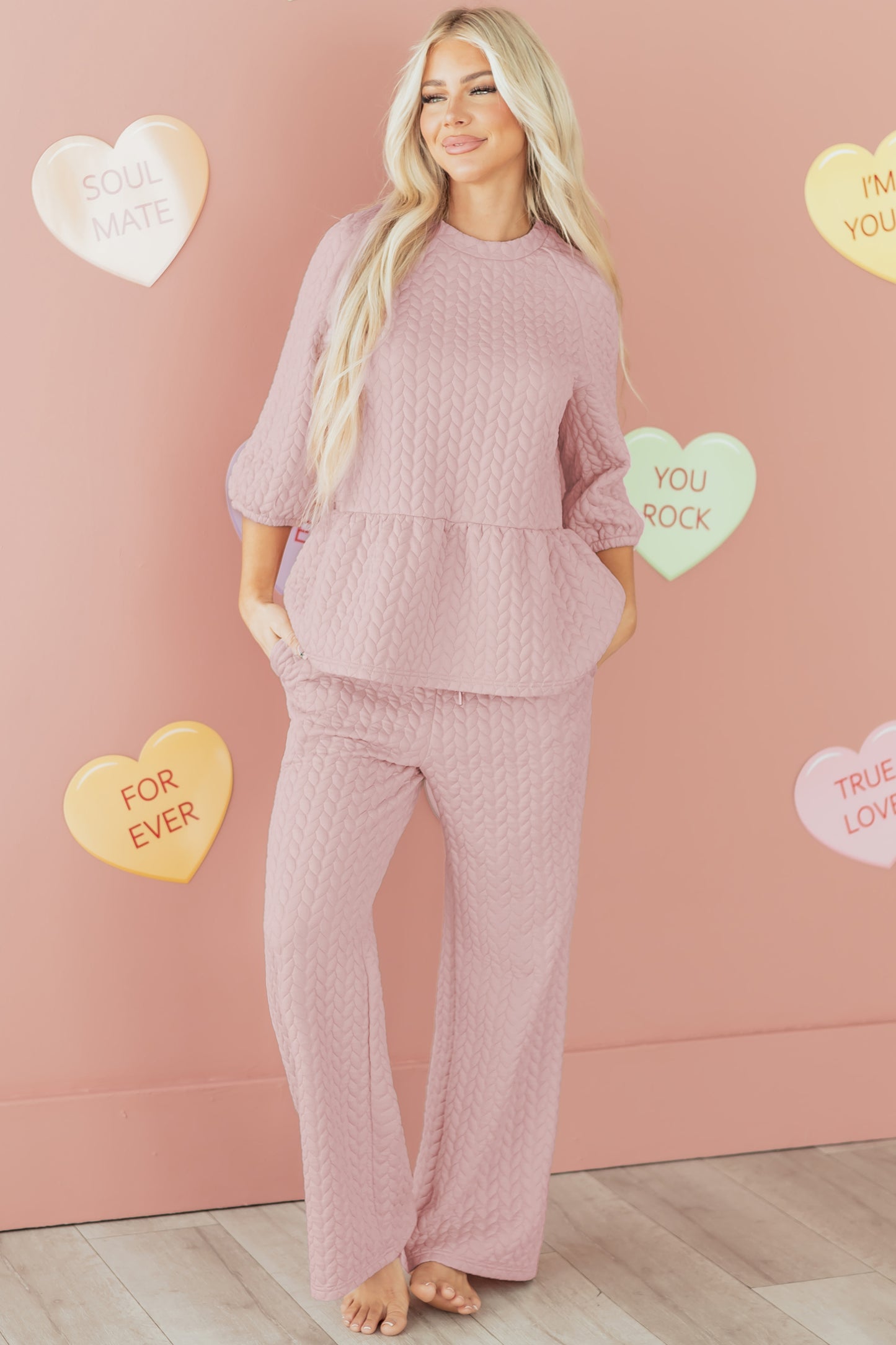 Delicately Braided Texture Ruffle Hem Top Drawstring Loose Pants Set