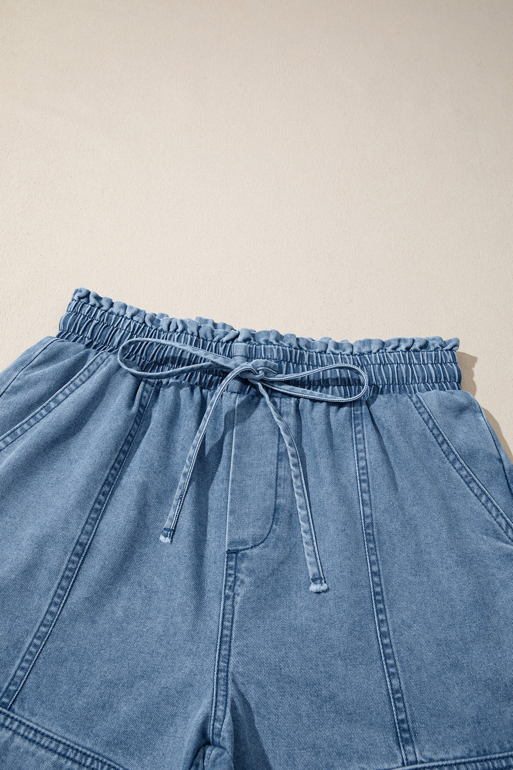 Dusk Blue Smocked Elastic Waist Denim Shorts