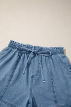 Dusk Blue Smocked Elastic Waist Denim Shorts