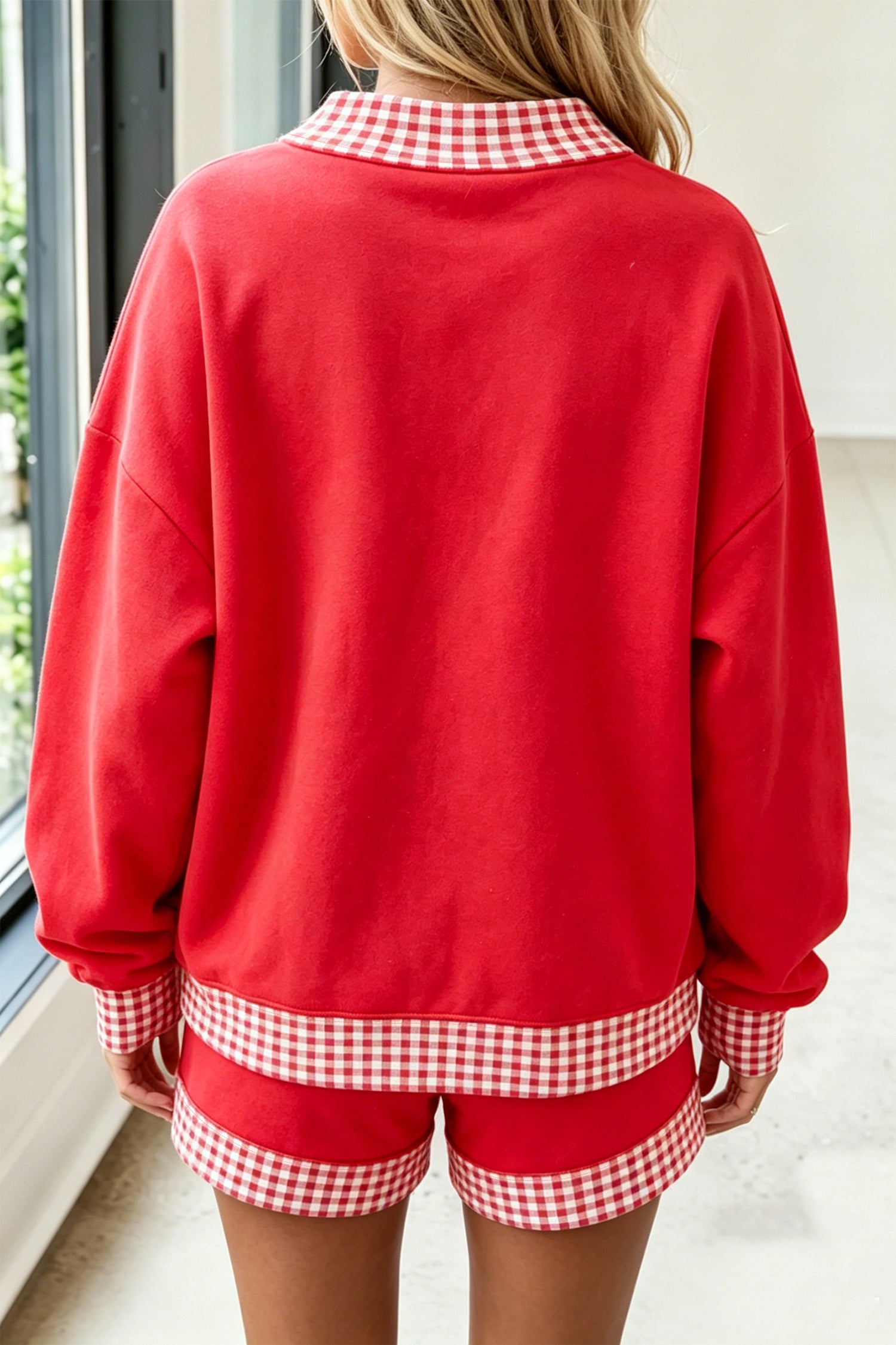 Fiery Red Gingham Trim Baggy Pullover 2pcs Short Set