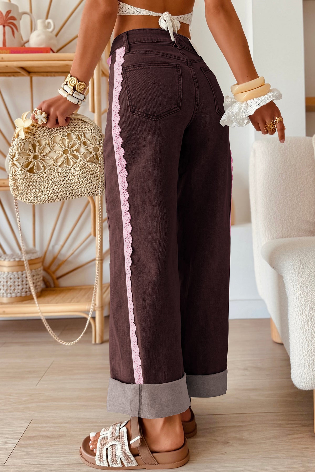 Casual full-length jeans with lace trim from Dear-Lover, featuring a regular fit and classic denim design.