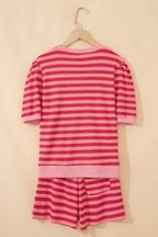 Red Stripe Puff Short Sleeve T Shirt Matching Shorts Set