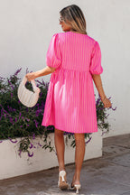 Rose Striped Print Bow Detail Short Puff Sleeve Mini Dress