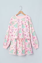 Pink Floral Print Lace Trim Long Sleeve Skirt Set