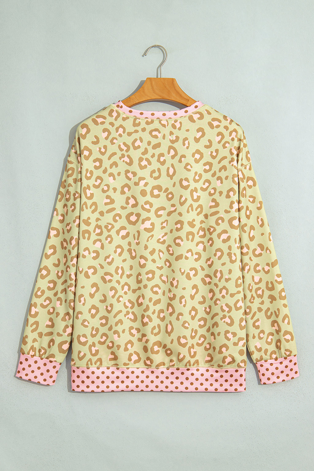Pink Leopard Polka Dot Colorblock Trim Long Sleeve Top