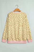 Pink Leopard Polka Dot Colorblock Trim Long Sleeve Top