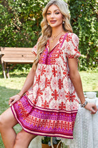 Rose Boho Floral Short Sleeve Lace-up V Neck Mini Dress