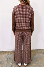 Green Color Block Plaid Patchwork Long Sleeve Pullover Wide Leg Pant Set