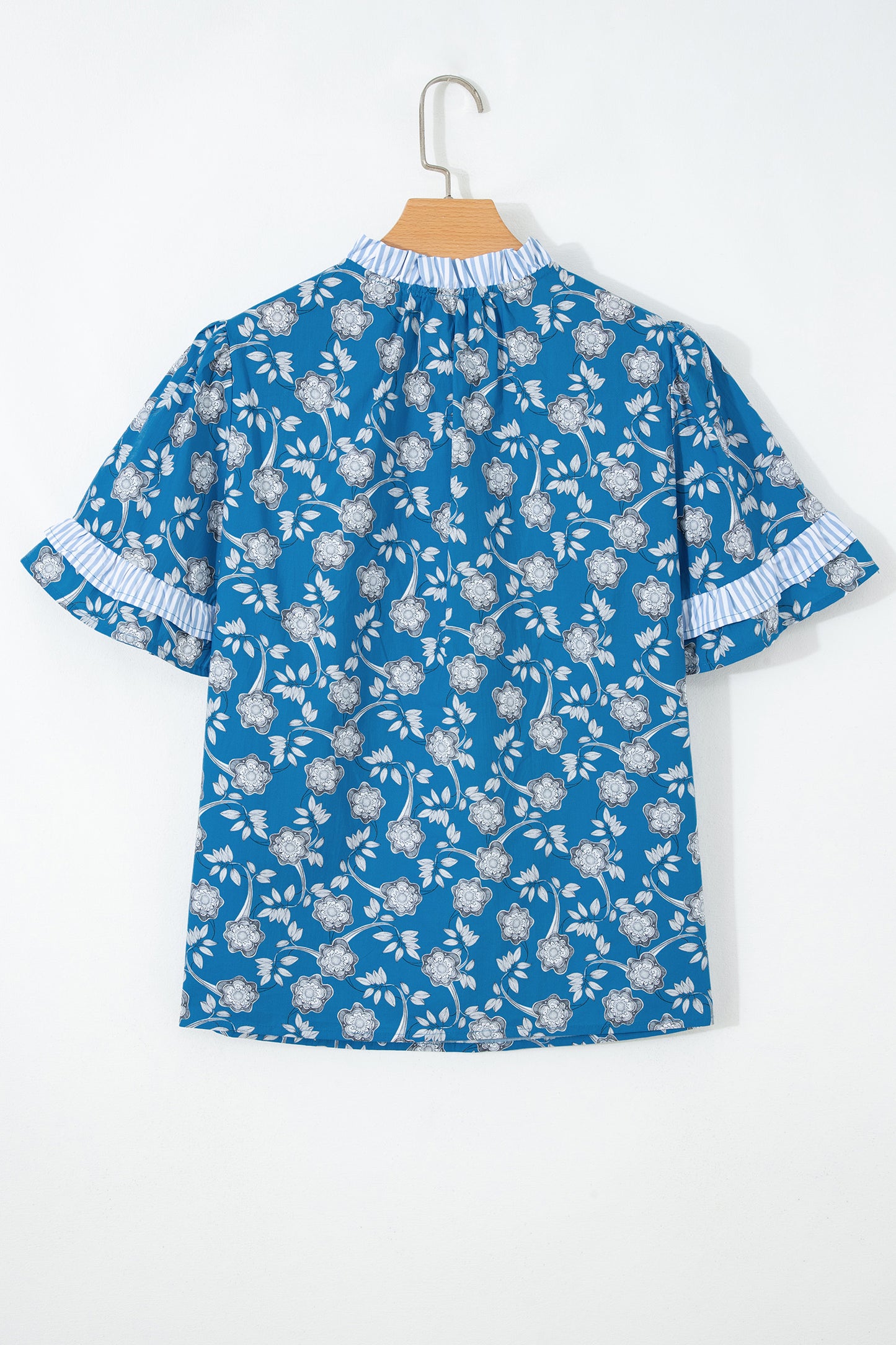 Blue Floral Print Button Tie Neck Striped Detail Short Sleeve Blouse