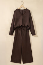 Dark Brown Braided V Neck Long Sleeve Loose Top and Drawstring High Waist Pants 2pcs Outfit