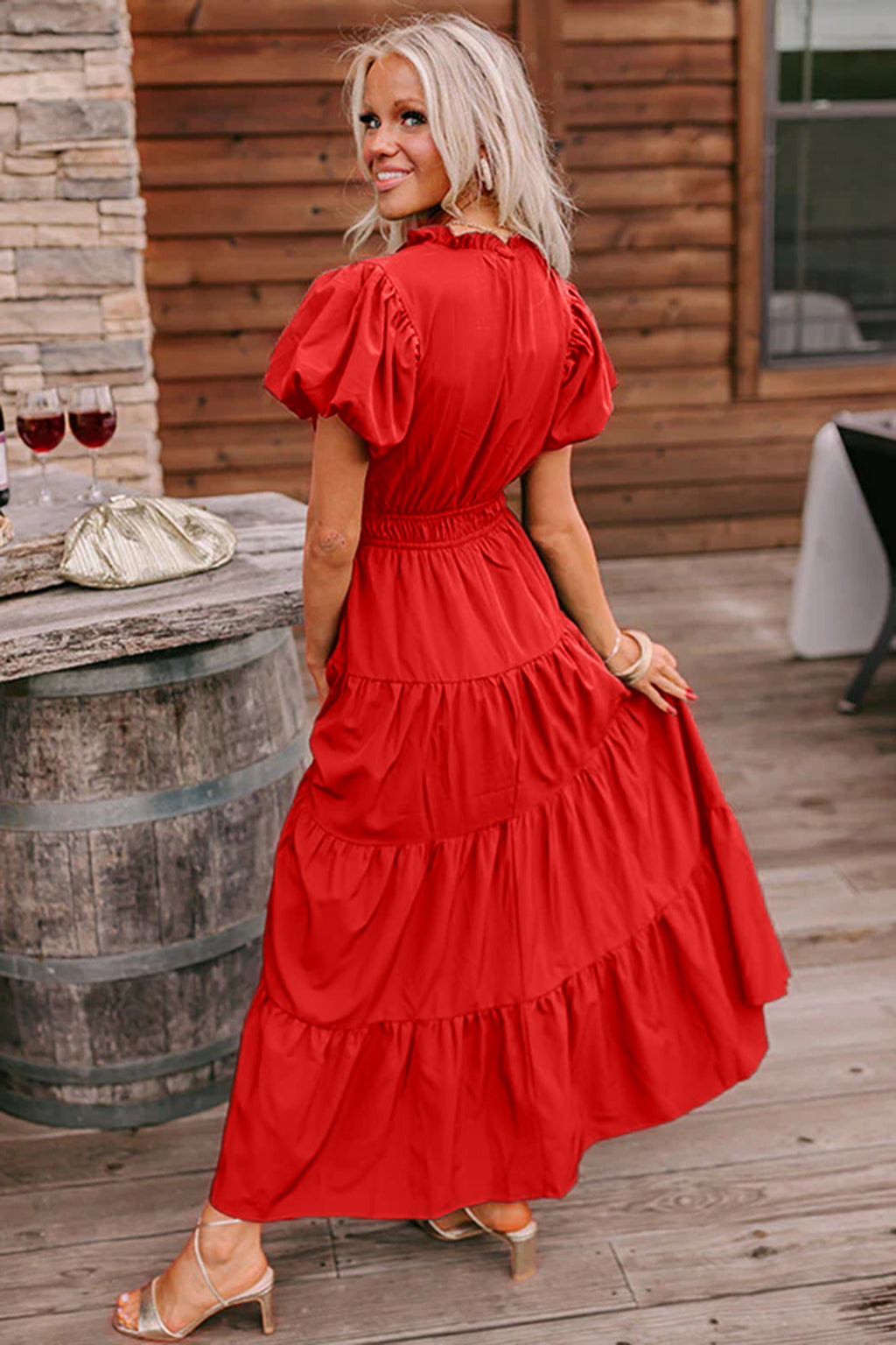 Solid Color V Neck Short Puff Sleeve High Waist Tiered Maxi Dress
