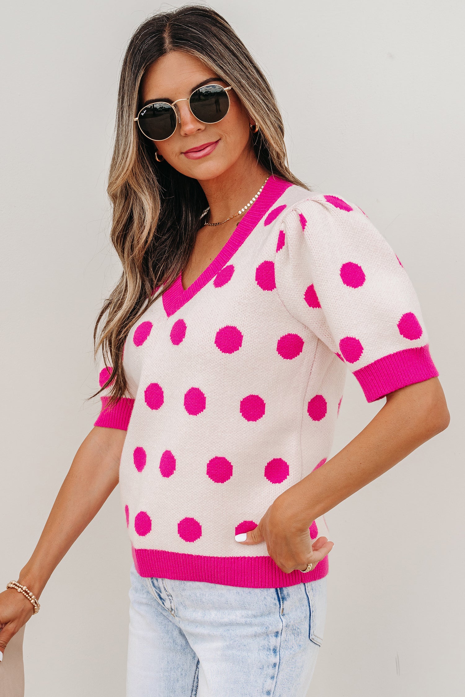 Rose Red Polka Dot Puff Short Sleeve Sweater Top
