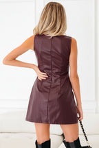 Coffee Vegan Leather Sleeveless Mini Dress