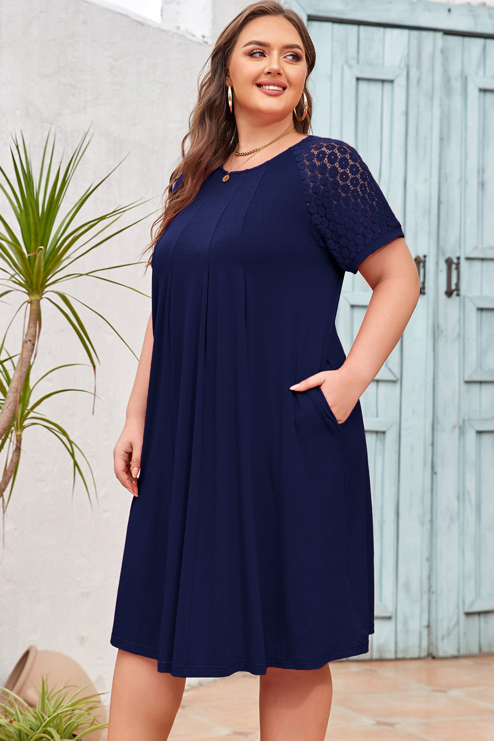 Navy Blue Plus Size Solid Color Lace Short Sleeve Pleated Swing Dress