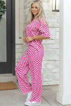 Rose Checkered Print Half Sleeve Tee 2pcs Lounge Pant Set