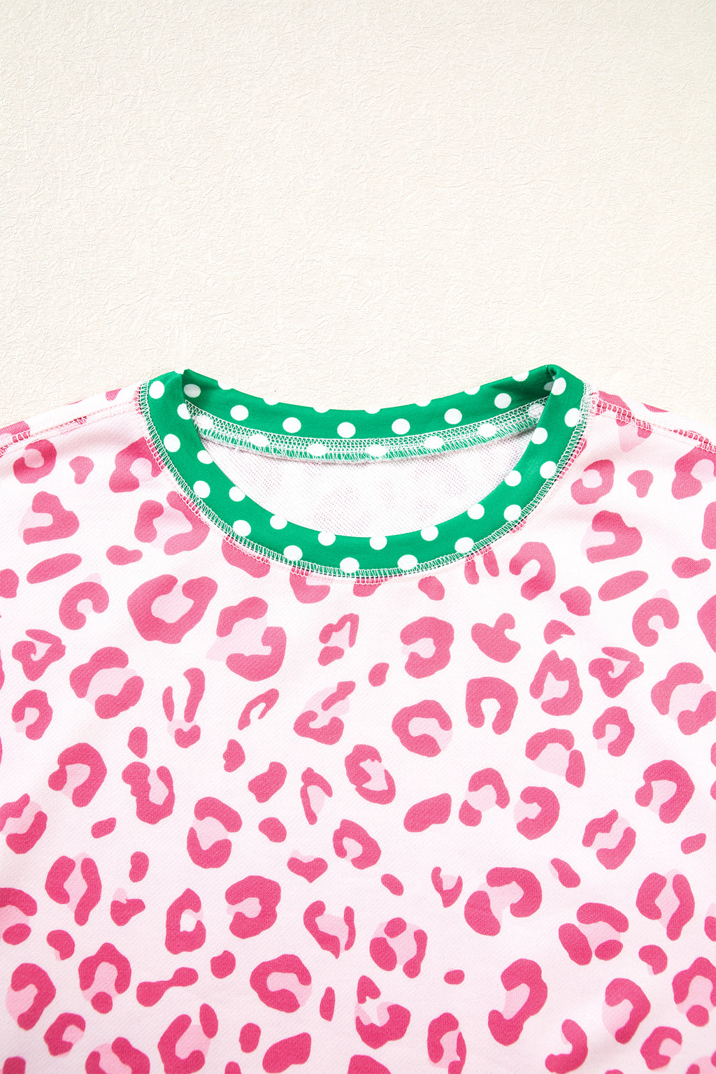 Pink Leopard Polka Dot Colorblock Trim Long Sleeve Top