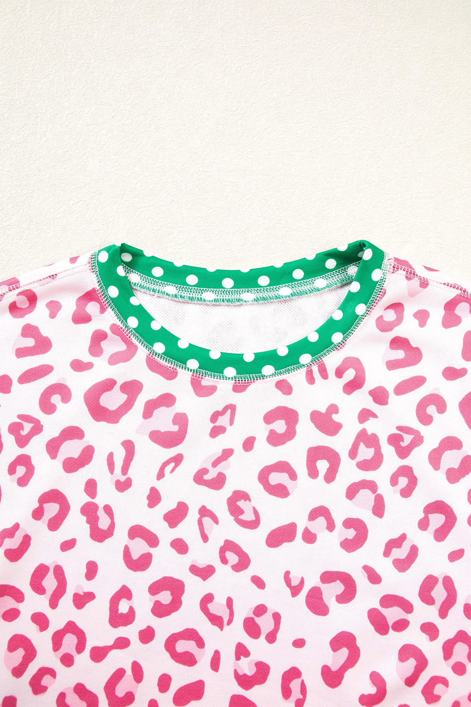 Pink Leopard Polka Dot Colorblock Trim Long Sleeve Top