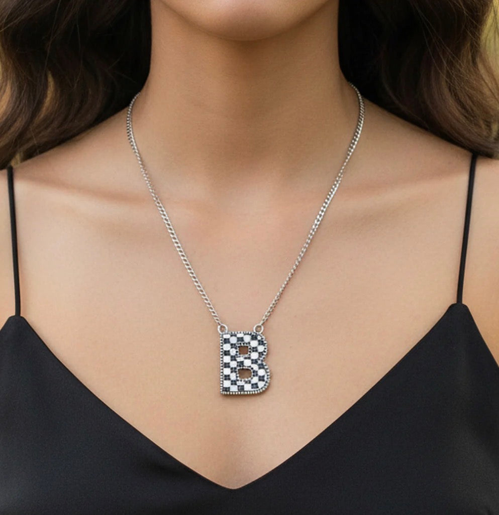 Checkered Initial Necklace - Black and White