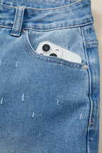 Mist Blue Distressed Detail Tummy Control Raw Hem Jeans