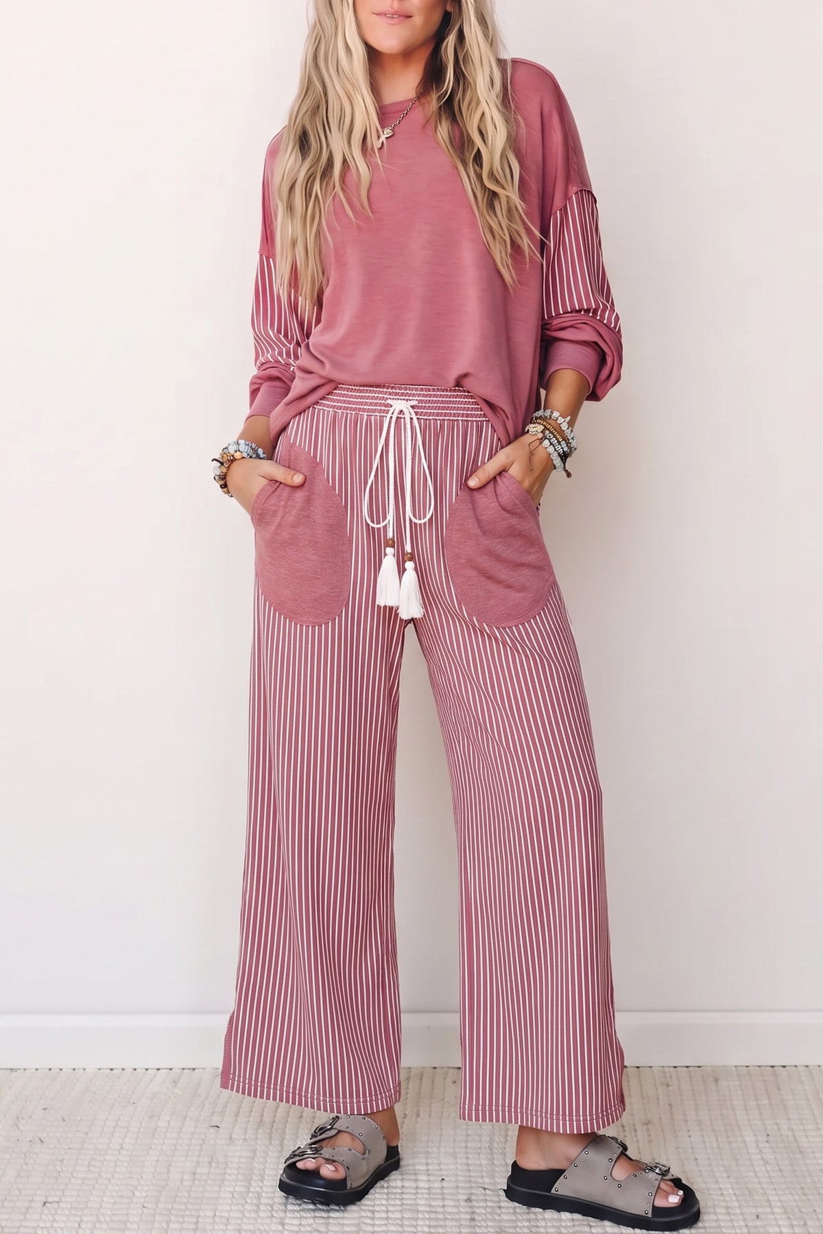 Raw Seam Patchwork Long Sleeve Top Pocket Casual Pants 2pcs Set
