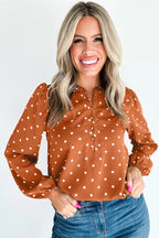 Brown Polka Dot Half Button V Neck Long Sleeve Blouse