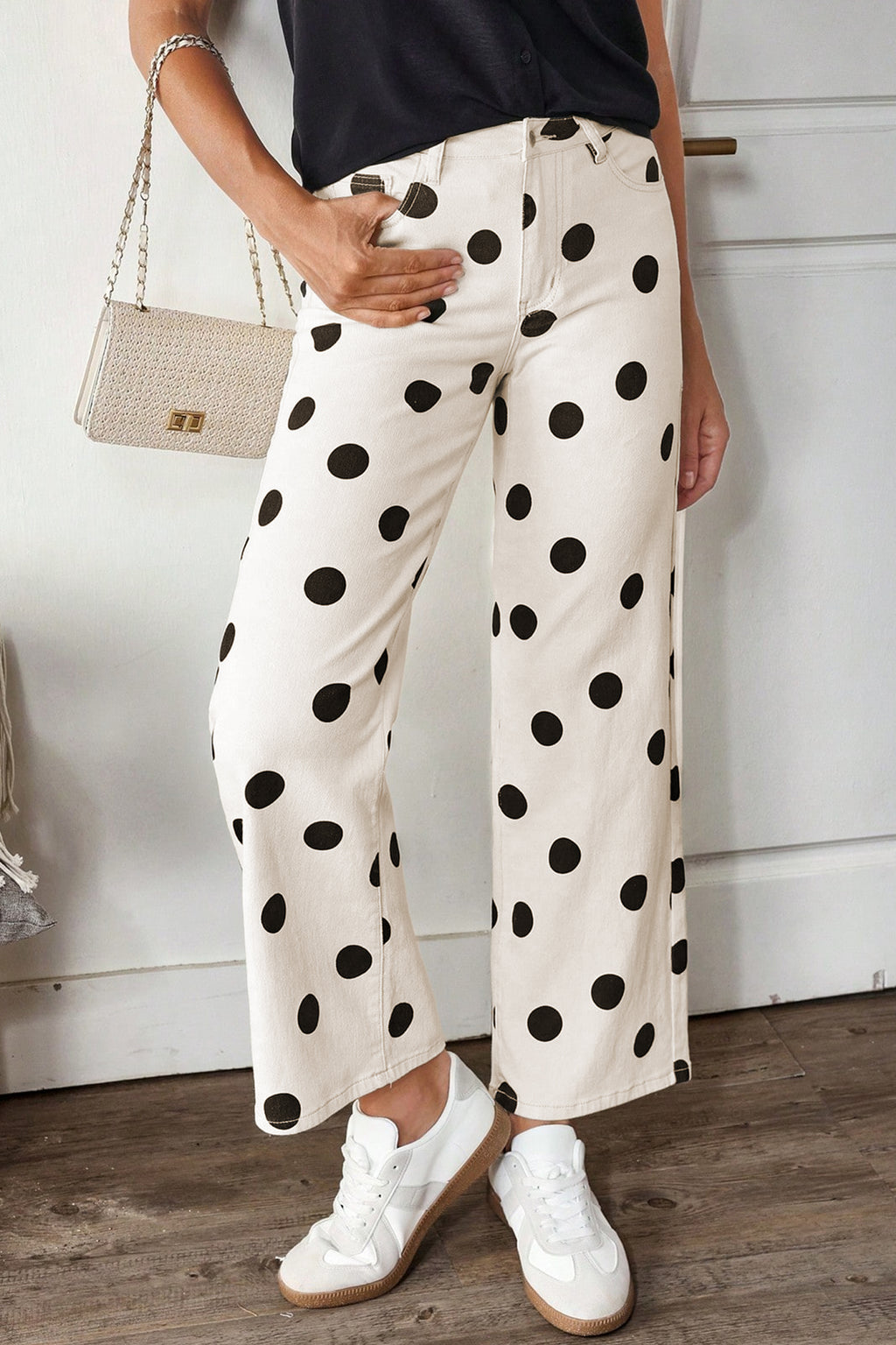 White Polka Dot Print Wide Leg Ankle-Length Jeans