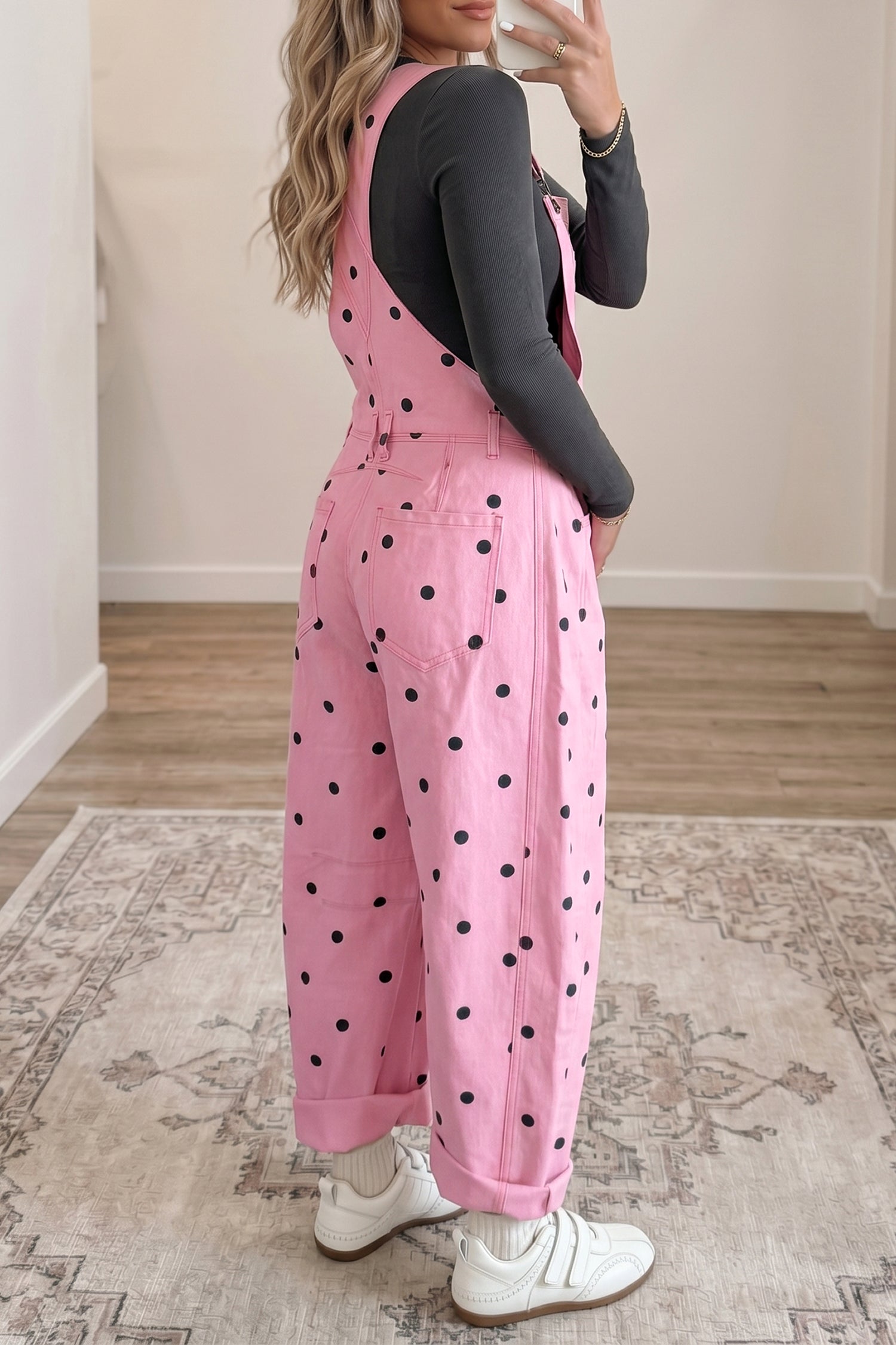 Polka Dot Print Bib Pocket Denim Barrel Overalls Jumpsuit
