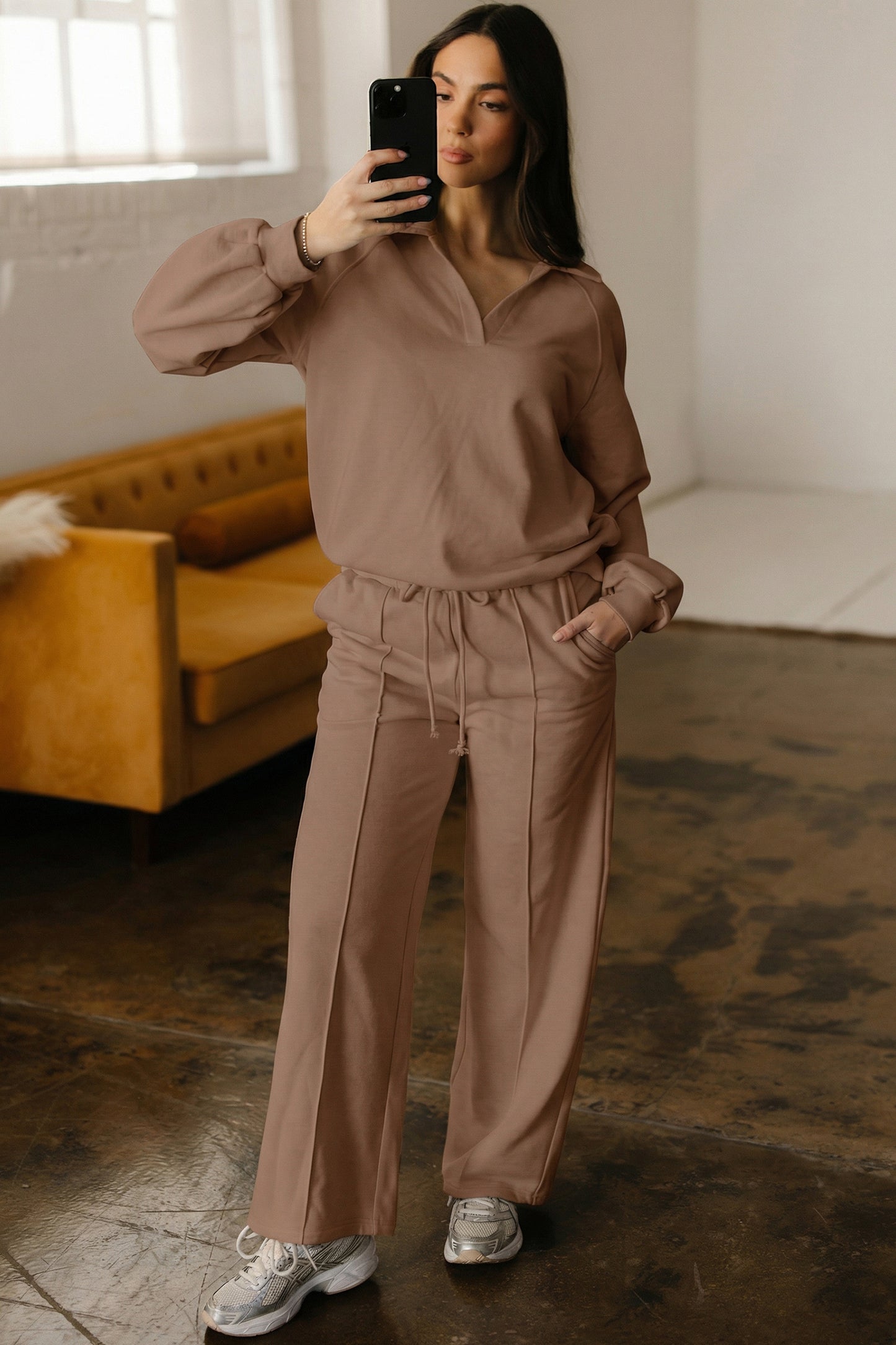 Polo Collar V Neck Pullover and Drawstring Sweatpants Set