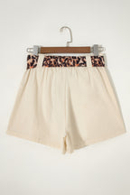 Oatmeal Leopard Contrast Sash Belt Pleated Wide Leg Shorts