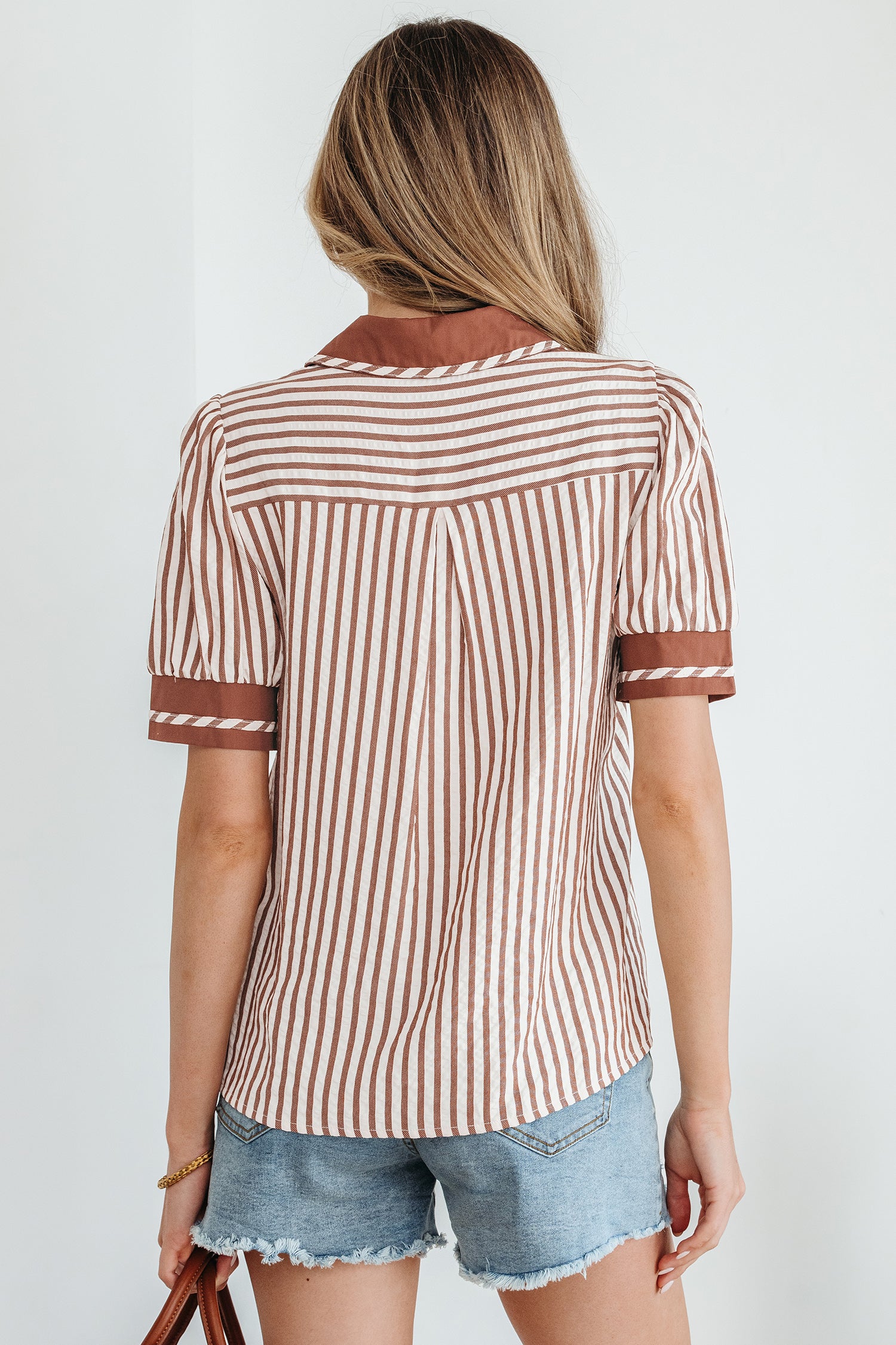 Green Stripe Collared Split Neck Short Bubble Sleeve Blouse