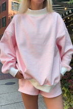 Red Stripe Oversize Mock Neck Sweatshirt and Shorts Set