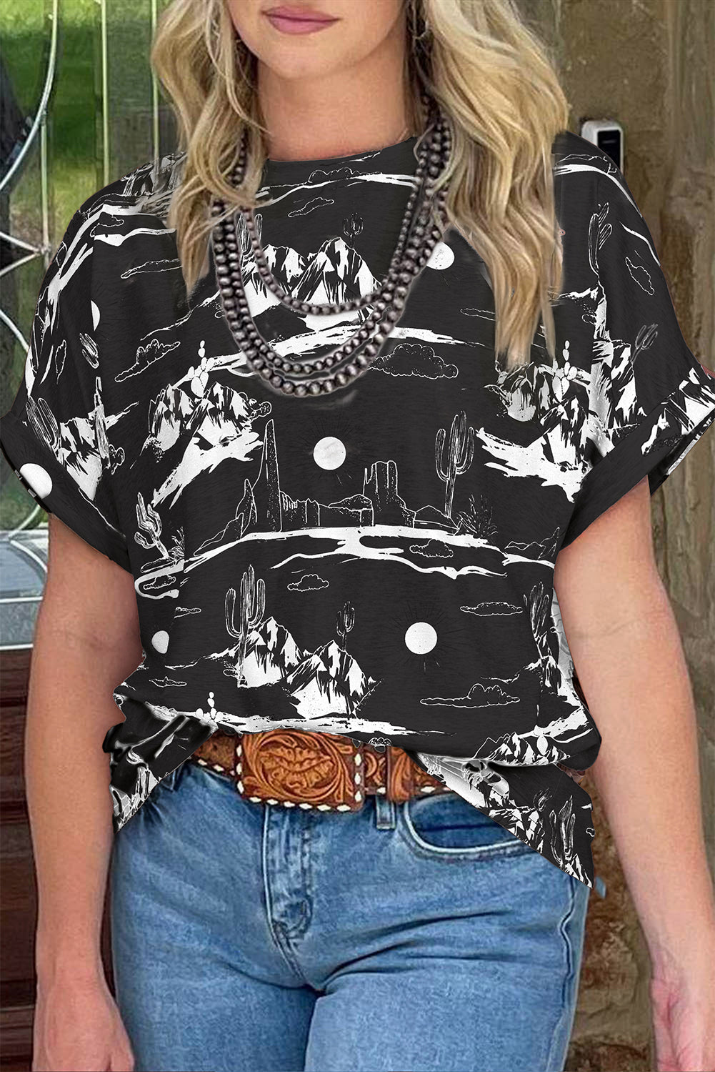 White Desert Sand Print Short Sleeve Knit Top