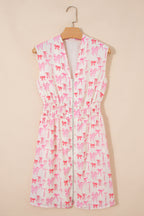 Pink Full Zip Cinched Waist Sleeveless Bow Mini Dress