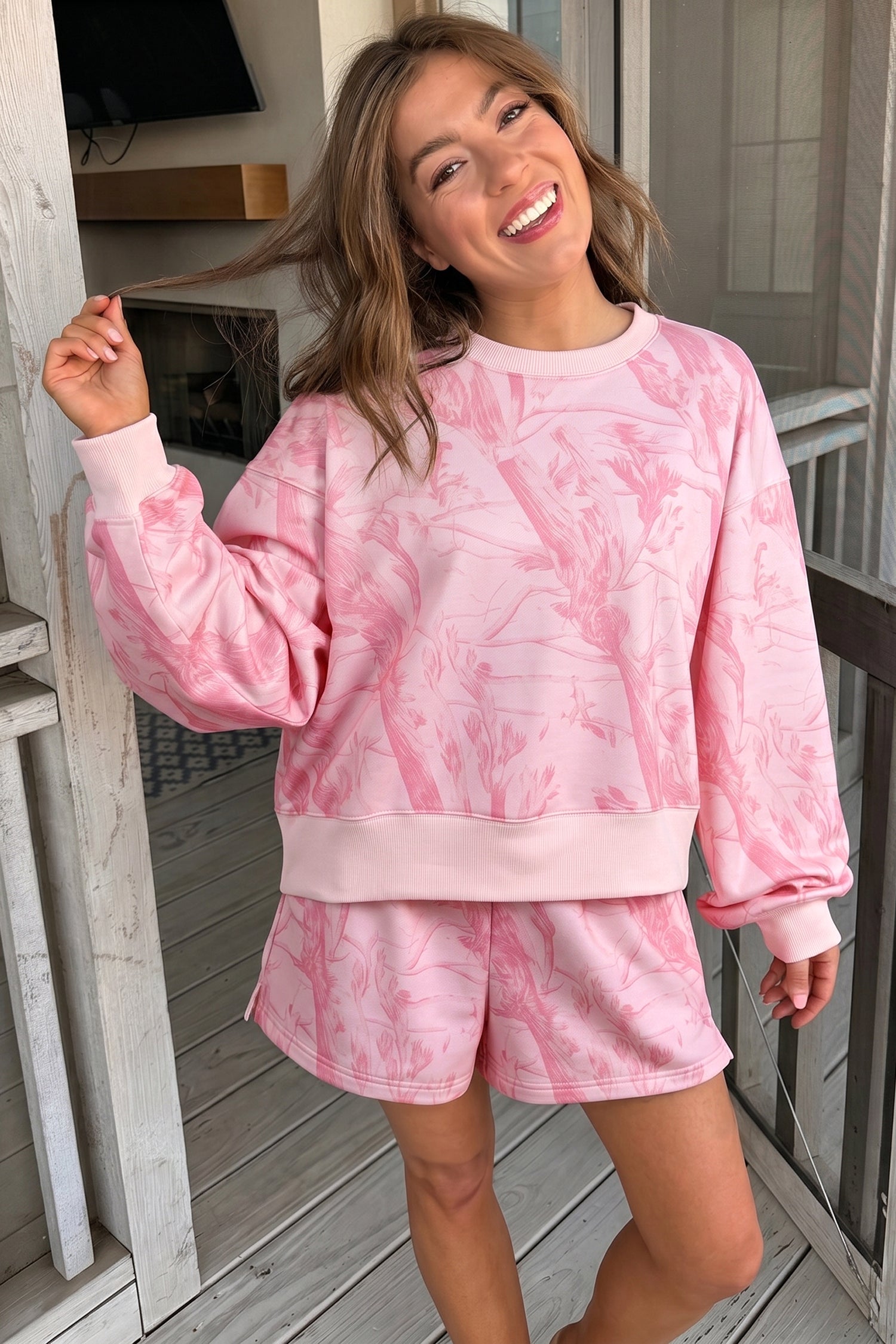 Pink Abstract Print Ribbed Crewneck Long Sleeve Top Elastic Waist Short Set