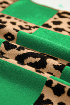 Green Leopard Checkerboard Short Sleeve Knit Sweater