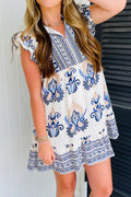 Blue Boho Western Floral Printed Split Neck Ruffled Sleeve Mini Dress