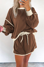 Rose Red Color Contrast Loose Pullover and Lace-up Waist Skort Set